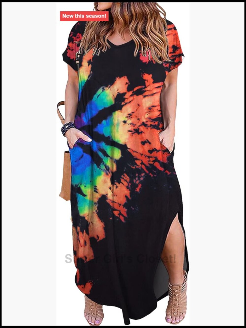 Plus Size Maxi Dress Short Sleeve V Neck Side Slit Pockets